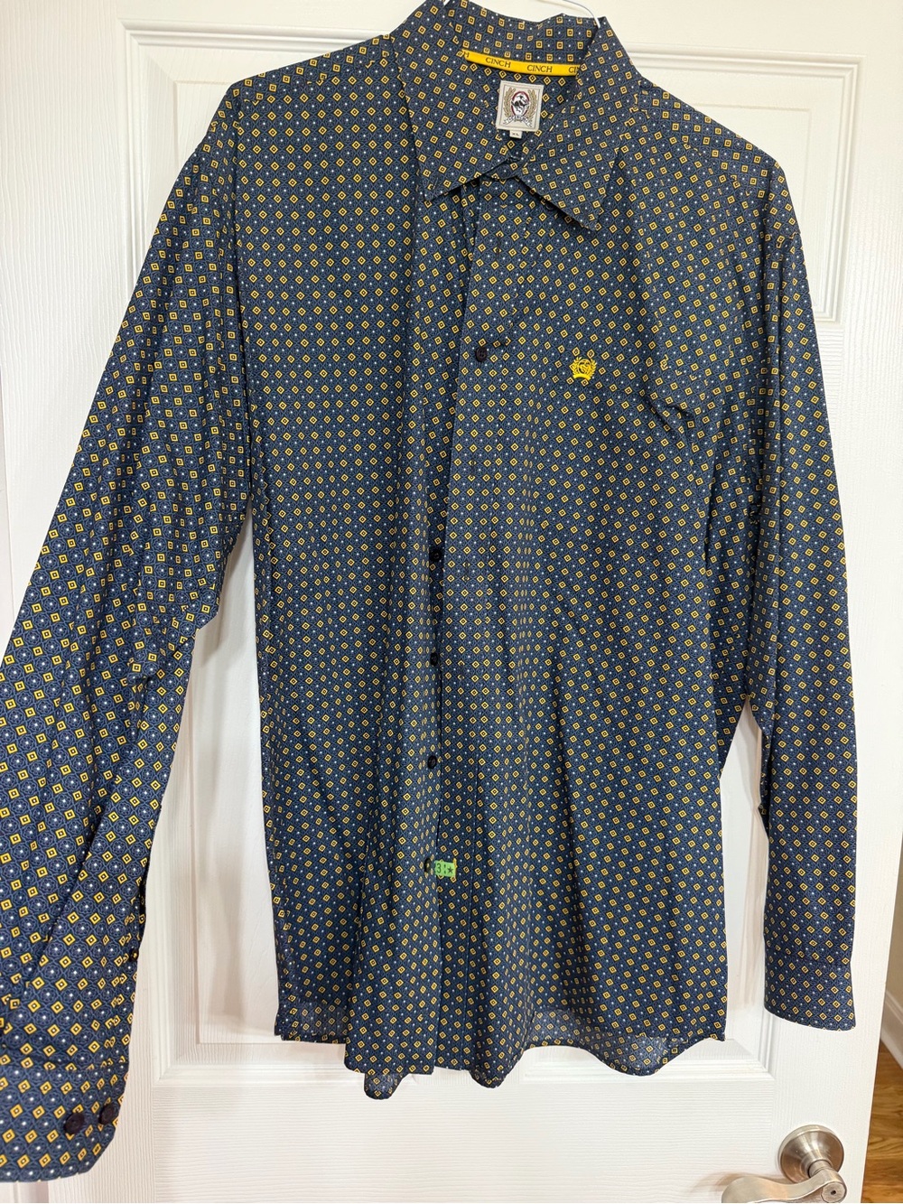 Cinch Men's Navy Blue Shirt with Yellow Geo Print